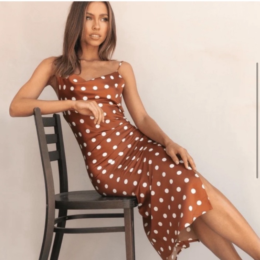 Petal & Pup •S(4) • Rust/White Weaver Polka Dot Draped Cowl Midi Slip Dress